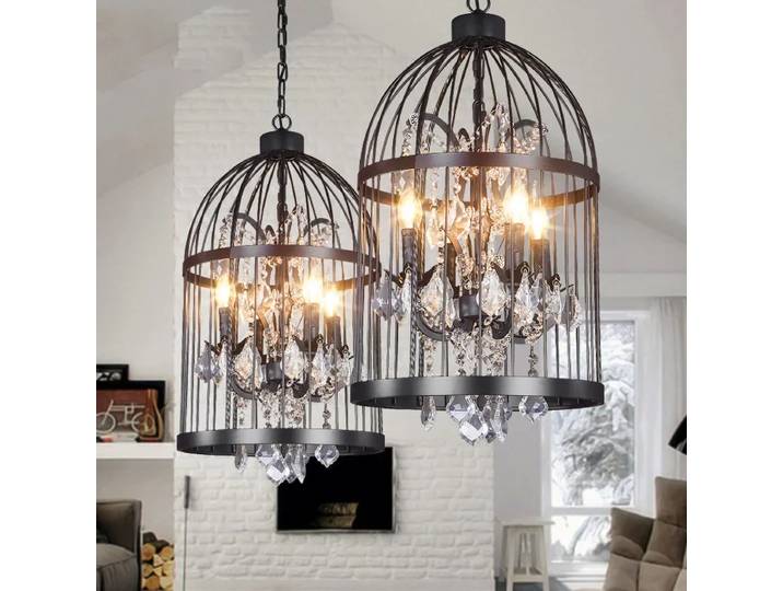 Lustre rétro en fer forgé, lustre rustique à orbe pour salon, ferme, Restaurant Vintage, Cage à oiseaux en cristal, lampe suspendue