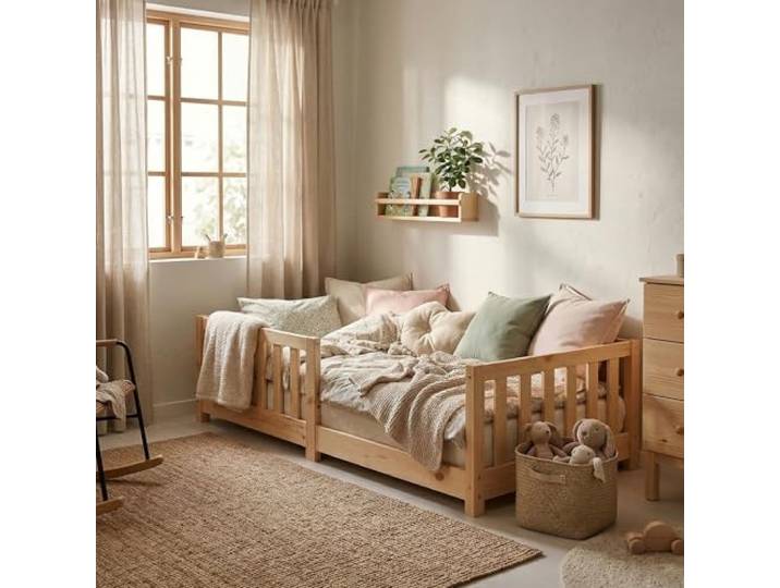 ecomi® Kinderbett 90x200 mit Rausfallschutz Bodenbett Kinder Bett mit Lattenrost für Kinder Kinderbetten für Mädchen und Jungen Massivholz Kiefer in Natur