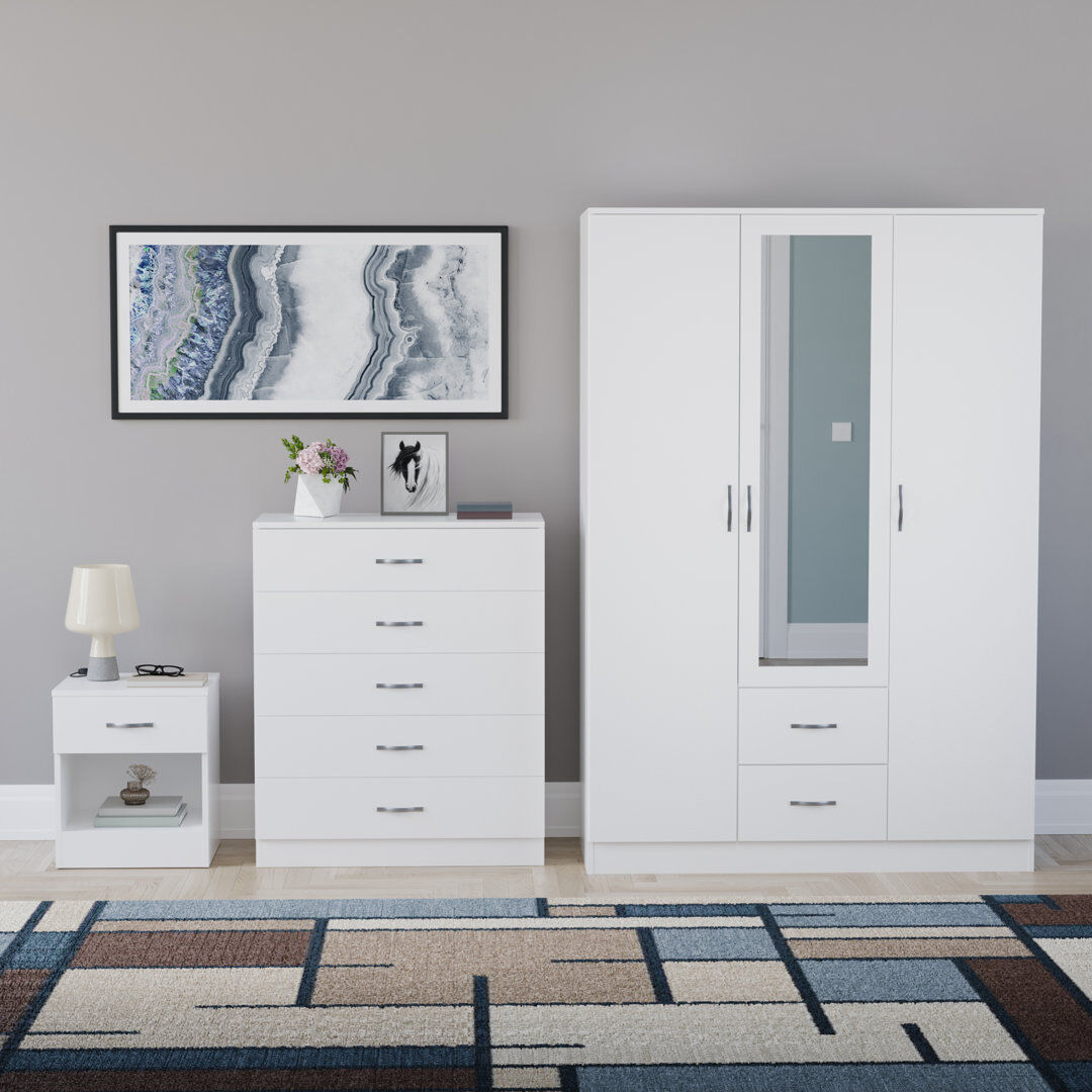 17 Stories Maybery 3 Piece Bedroom Set (1 Drawer Bedside Chest, 5 Drawer Chest, 3 Door 2 Drawer Mirrored Wardrobe), (5) White