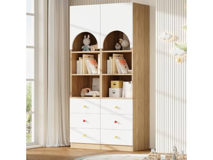 I0I&I0I Kleiderschrank mit Schubladen, Kinderzimmermöbel mit Kleiderstange und bunten Keramikgriffen (2 Sets-2)