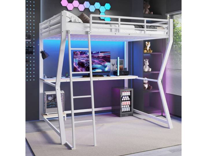 Lit Mezzanine 140x200 cm avec Support Pour Console de Jeux VidéO lit 1 personne avec LED et USB Lit Double avec Bureau Blanc