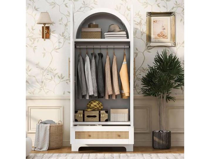 Armoire chambre blanc 70x55x170cm double porte rotin synthétique tiroirs étagères rangement