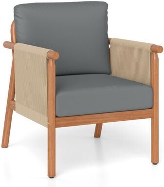 Costway Patio Acacia Wood Chair with Woven Rope Armrests and Seat Back Cushions for Backyard-Gray