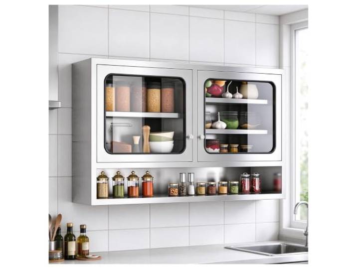 NQNFWCRJ Küche Wand Schrank Edelstahl mit Glastüren und offenem Gewürzregal Wandschrank mit Glastür und offenem Gewürzregal verdickter hochbelastbarer Wandaufbewahrungsorganisator(L47.2xW11.8xH27.6in)