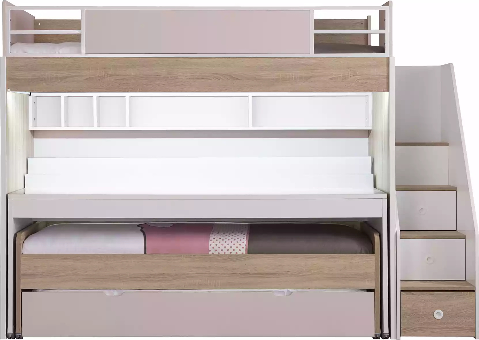 Etagenbett Bett mit 3 Schlafplätzen Multifunktionsbett Holz Rosa Luxus Hochbett
