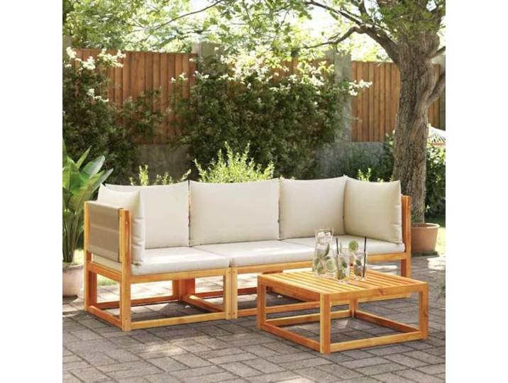 KTHLBRH Ecksofa aus Akazienholz mit Kissen Rückenlehne aus Seil Beige, Kissen Creme, waschbar, 110 kg Tragkraft, modulares Design für Terrasse