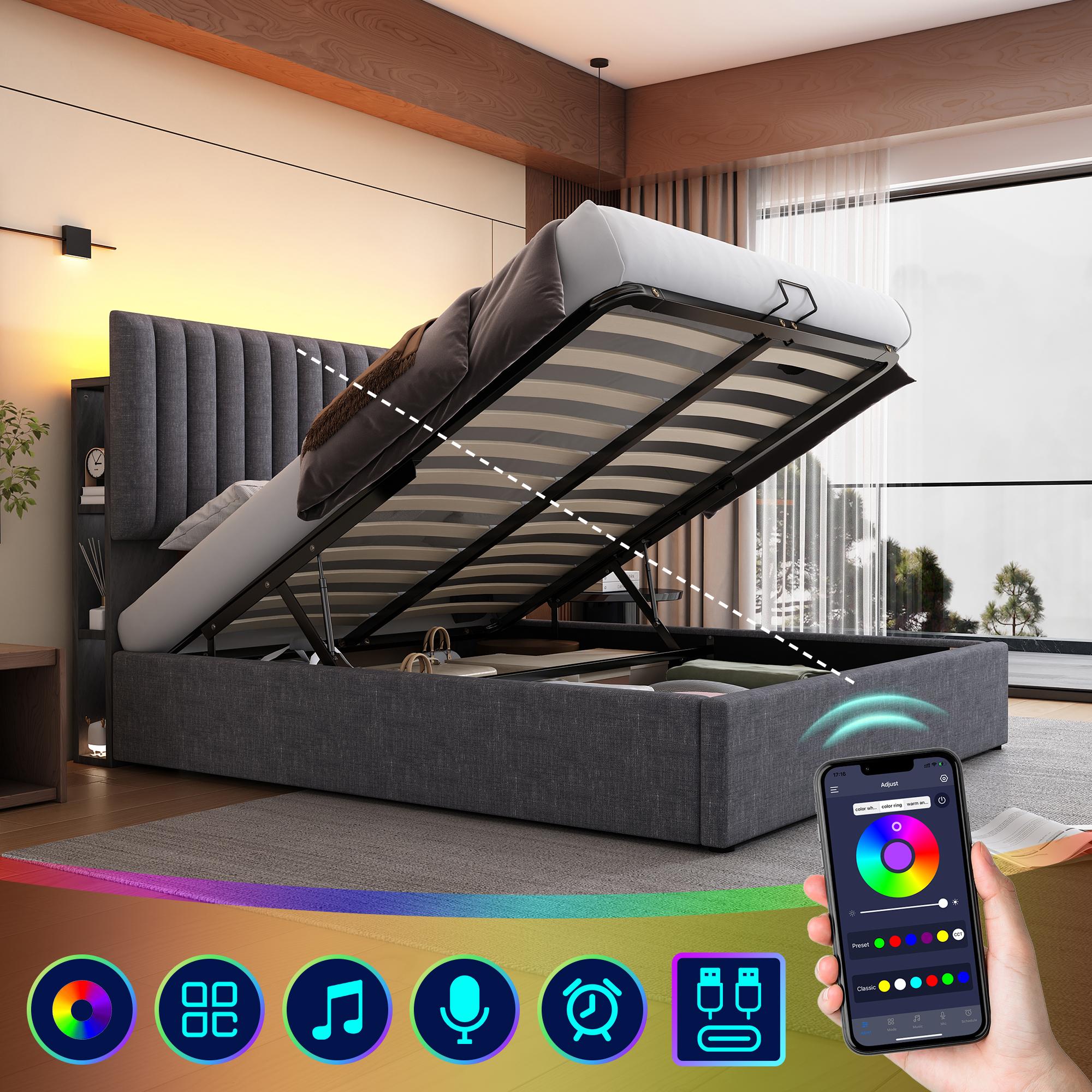 Polsterbett Stauraum Doppelbett LED App-Control Bett mit aufladen USB Type C Ladefunktion, Stauraum & Verstellbares Kopfteil
