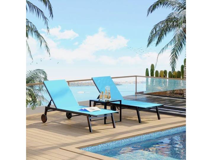 Bain de soleil 3Pcs Ensemble transat jardin 2 chaises longues réglables + table structure métal bleu