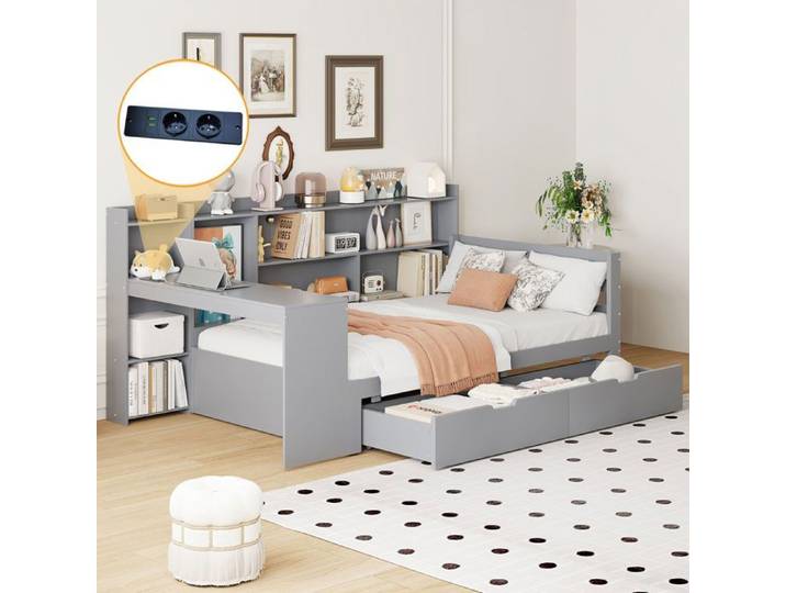 Canapé-lit en bois massif 90x200 cm bureau prise gris