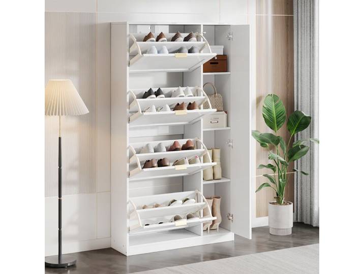Moderne Schuhschrank mit Spiegel 4 klappbaren Aufbewahrungsfächern verstellbarem Regalbrett hinter dem rechten Spiegel ideal fü