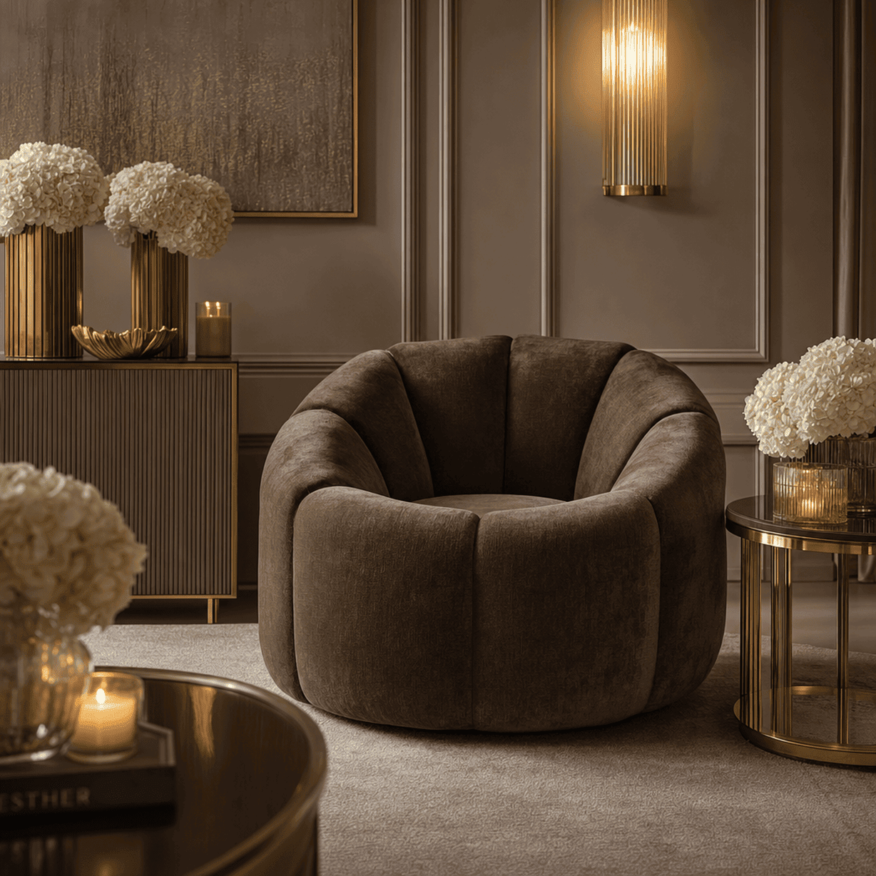 Abella Brown Velvet Fabric Swivel Chair