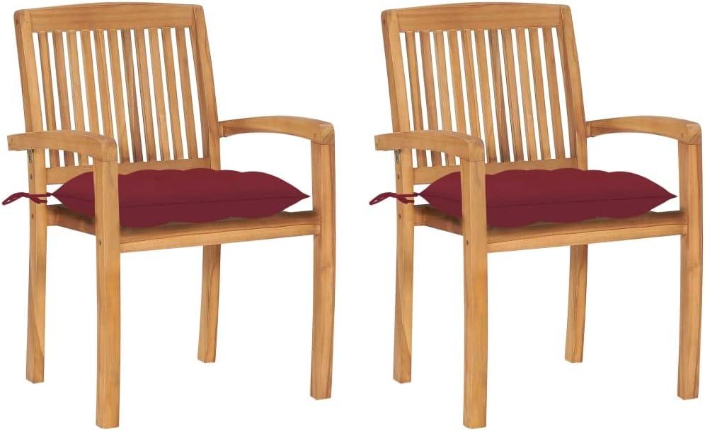 2 Gartenstühle aus massivem Teakholz mit weinroten Kissen