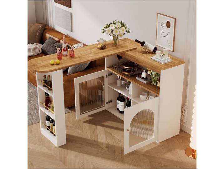 WOVREO Table de bar extensible 138-193 x 39 x 105 cm pivotante 360° avec rangements LED réglable blanc