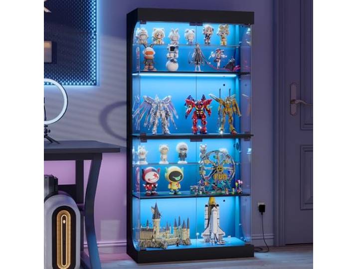 Hzuaneri Vitrinenschrank, Vitrine mit Intelligente Sensorik, Glastvitrine mit RGB-Leuchten, mit 6 Regalen, für Büro, Wohnzimmer, Schwarz, 35 x 80 x 165 cm, DC00206XEU
