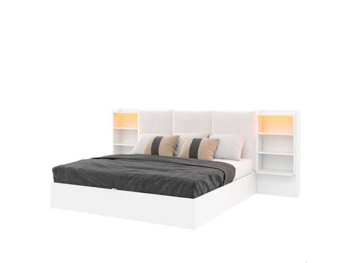 ELVORIN Lit plateforme coffre 180 x 200 cm tête de lit rembourrée 6 rangements LED ouverture hydraulique blanc