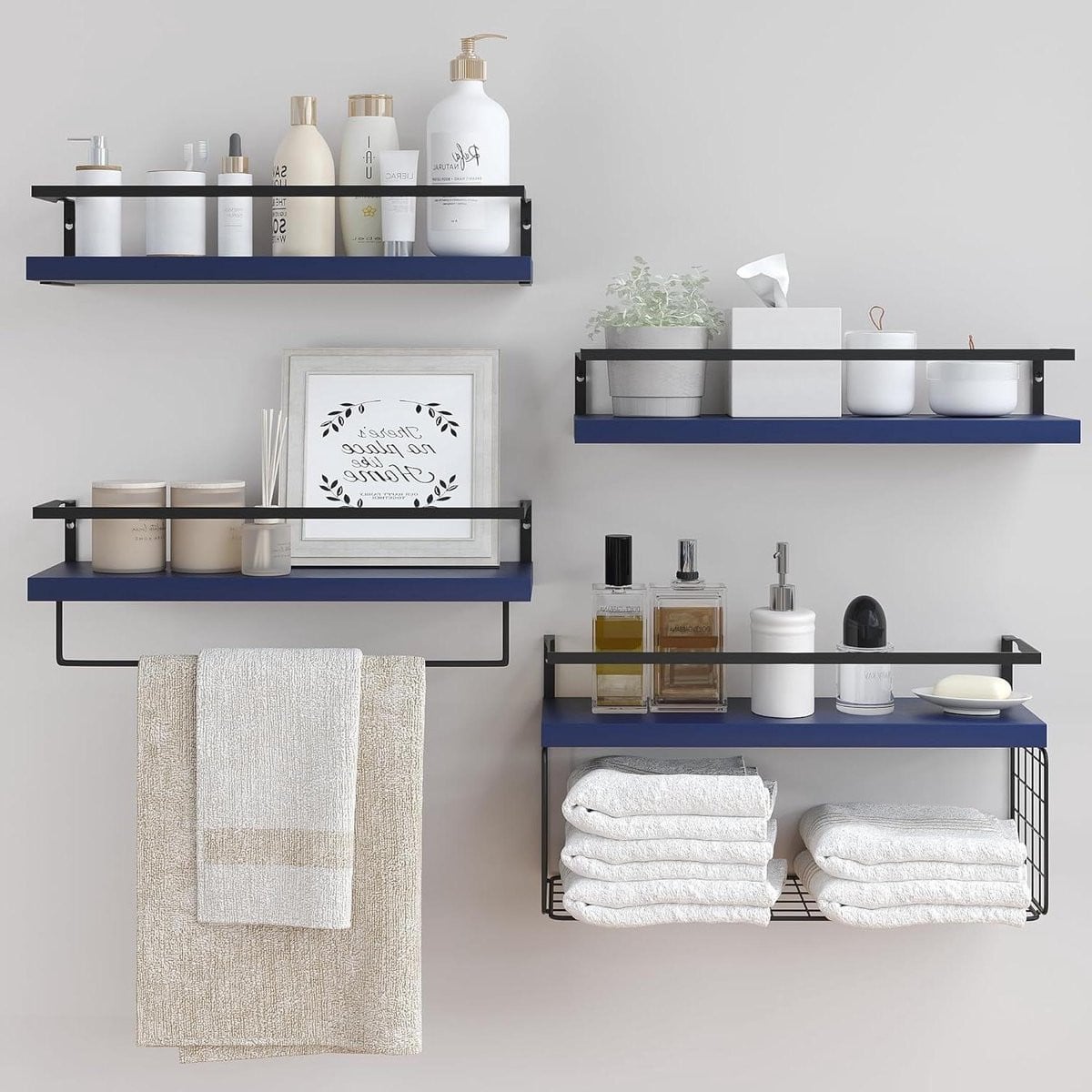 Set van 4 Marineblauwe Zwevende Houten Wandplanken met Handdoekstang voor Badkamer, Keuken of Woonkamer