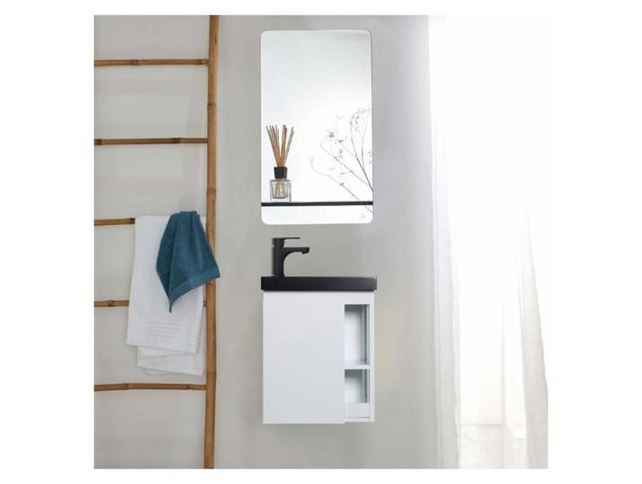 Ensemble lave-mains HAMPTON avec rangement latéral et miroir tablette noire
