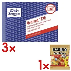 Avery Zweckform 3x Formularbuch »Quittung 1735 MwSt. separat ausgewiesen« inkl. Fruchtgummi »Gol gelb, 14.8x10.5 cm