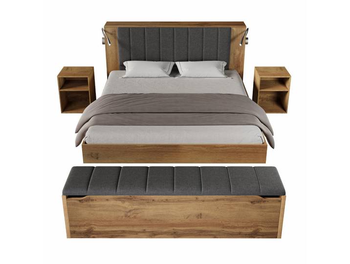 Okwish Doppelbett 160/200 cm Eiche aus Holz mit Matratze und USB-Leselampen, Eichefarben, 160x200 cm, Schlafzimmer, Betten
