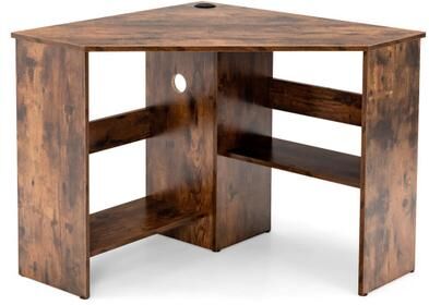 Costway Corner Computer Desk Triangle Writing Workstation with Storage Shelf-Rustic Brown