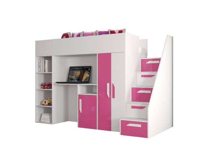 QMM TraumMöbel Hochbett PARIS 4 mit Schreibtisch Schrank Regal und Treppe Hochglanz (mit Treppe, Schrank, Schreibtisch & Regal)