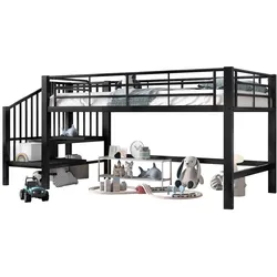 MODFU Halbhohes Hochbett 90x200 cm mit Stauraumtreppe Metallrahmen Lattenrost Stabil Platzsparend Sicher Schwarz Kinderzimmer