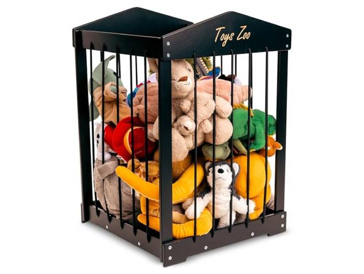 DeveKids Spielzeug-Zoo-Organizer Kuscheltier-Aufbewahrungskäfig Freistehender Plüschtier-Halter mit leicht zugänglichen Seilen & rollbarer Basis (Schwarz – Schwarzes Seil, Mittel)