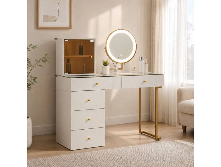 ELVORIN Coiffeuse avec miroir LED 120 x 45 x 115 cm plateau en verre trempé meuble latéral modulable blanc