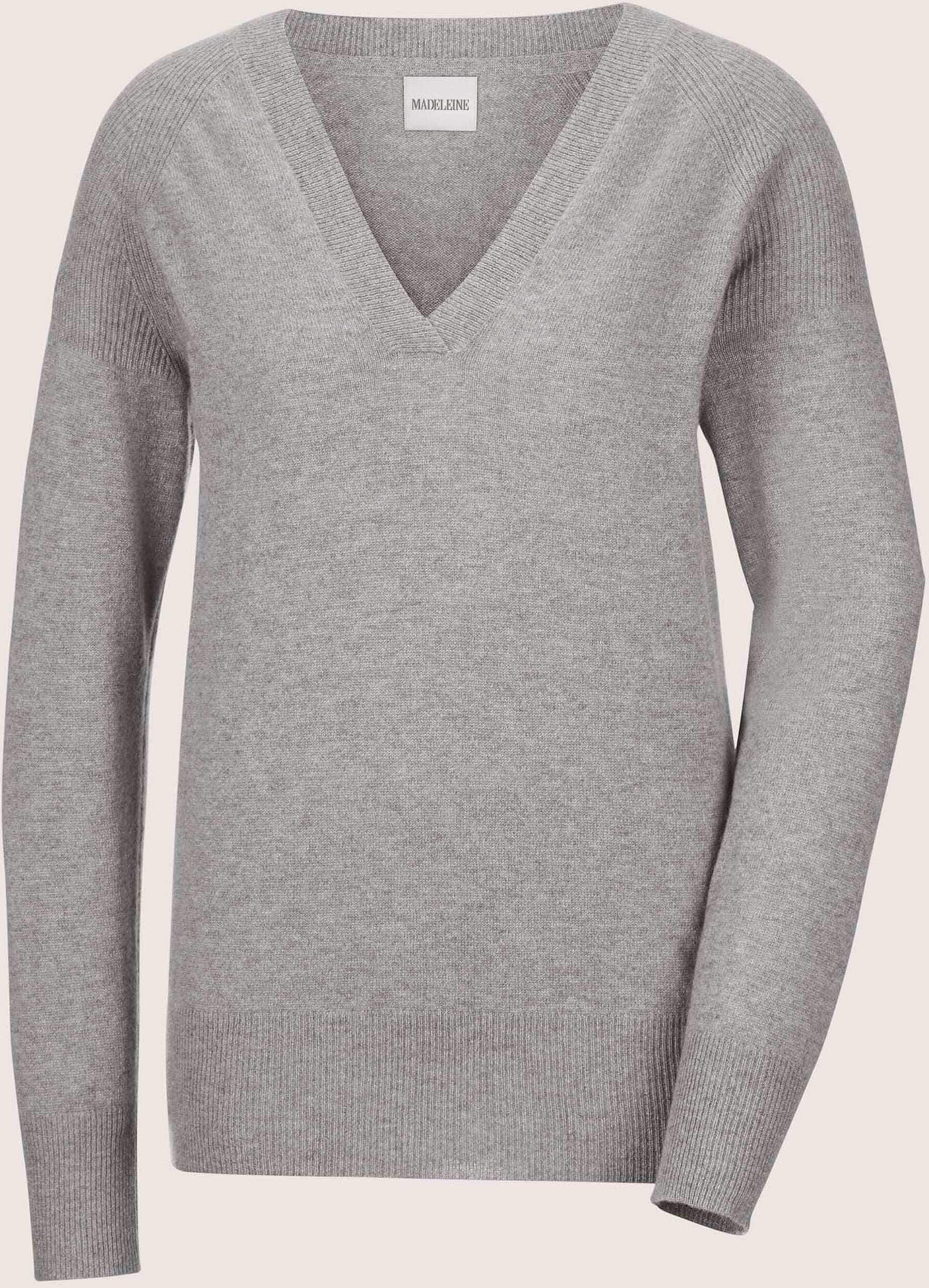 Longpullover MADELEINE "Pullover Kaschmirpullover mit V-Ausschnitt", Damen, Gr. 44/46, grau (silbergrau, melange), Obermaterial: 100% Kaschmir WS., Modern, V-Ausschnitt, Pullover Longpullover, Edles Maschenbild