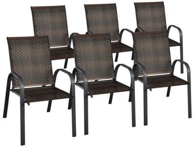 Costway Set of 6 Outdoor PE Wicker Stackable Chairs with Sturdy Steel Frame-Brown