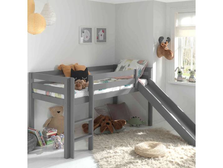 Lit mi-hauteur enfant avec toboggan en bois massif gris 90x200 cm - LT2040