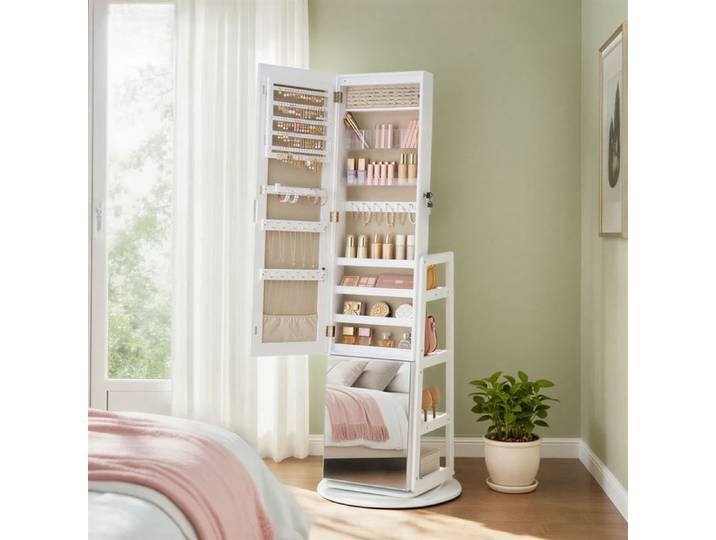 Armoire à Bijoux Pivotante à 360° avec Miroir Éclairage pour Chambre Entrée Blanc