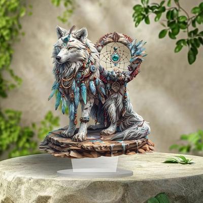 Uplift Picks White Wolf Dream Catcher Acrylic Tabletop Sign Boho Desk Decor 2 Pcs