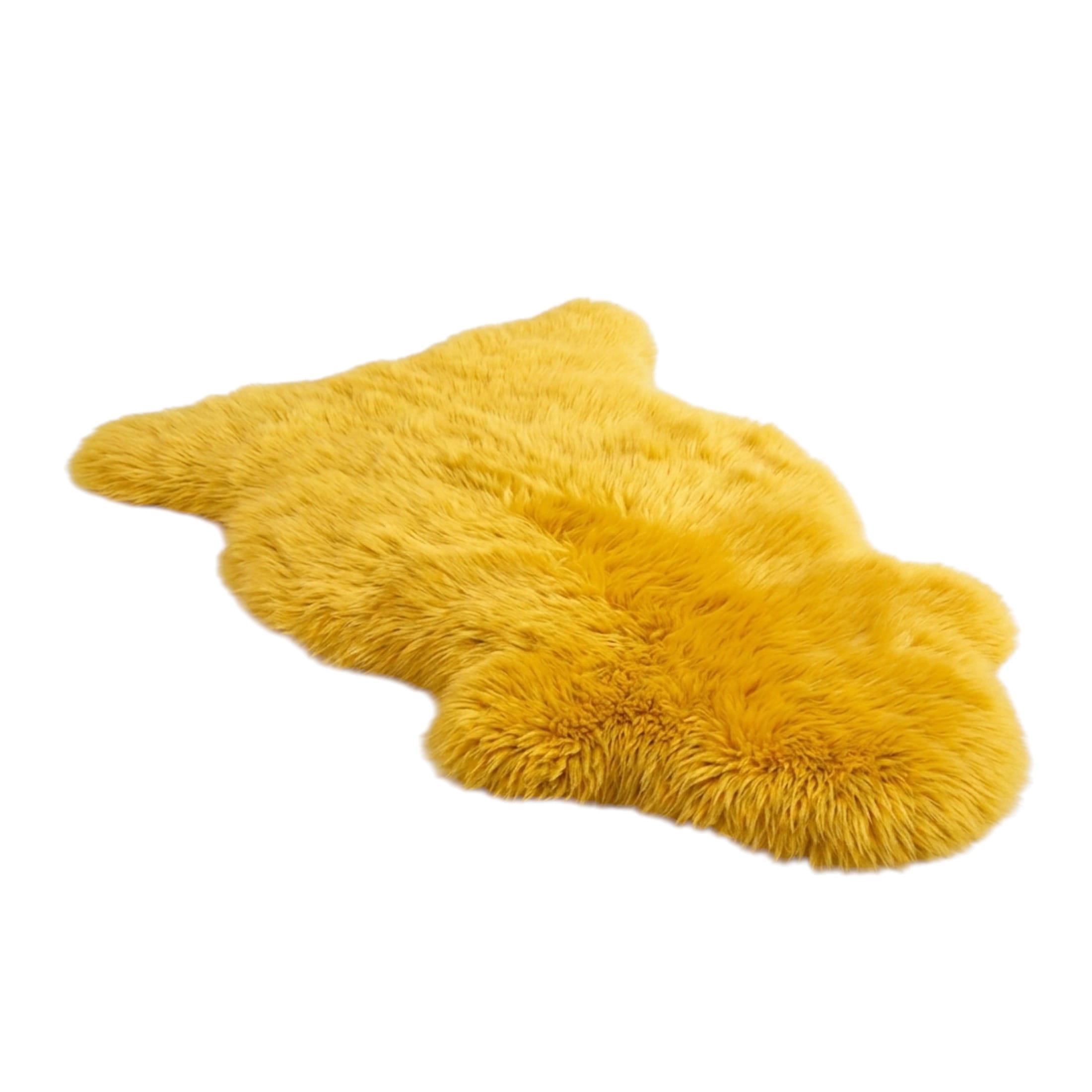 Echter, leuchtend gelber Schafsfell, natürlicher, seidiger, weicher, flauschiger echter Wollteppich