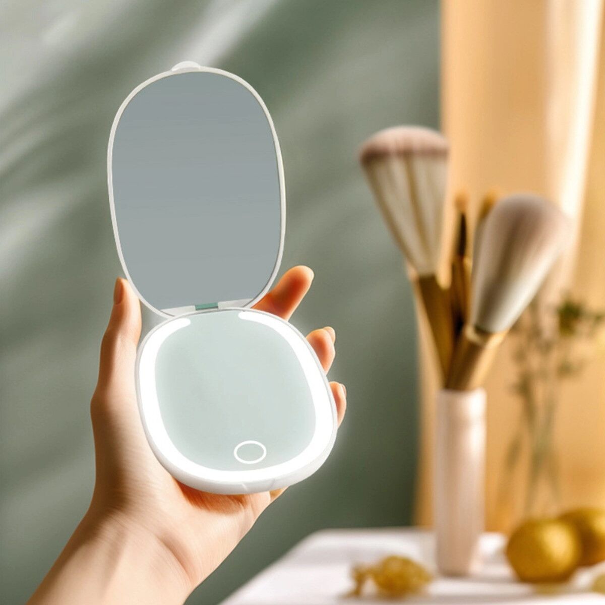 INF LED wiederaufladbarer doppelseitiger Klapp-Make-up-Spiegel, 3x Vergrößerung, 3-Farb-dimmbares Ringlicht, Tragbar, Weiß
