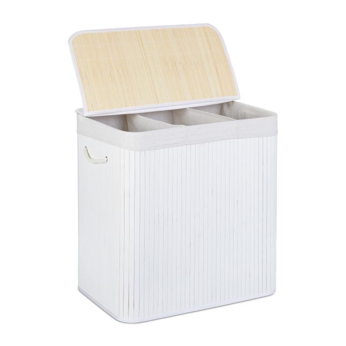 Relaxdays Wassoorteerder met 3 vakken, Wasmand met deksel en handvatten, Wit