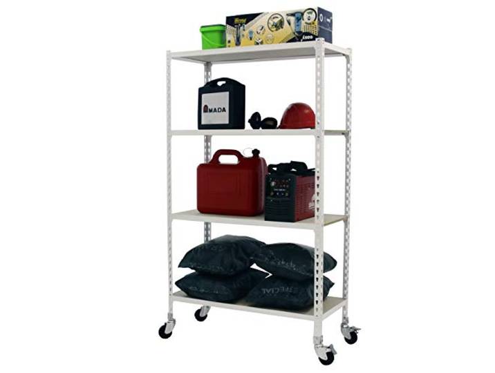 Simon Rack Metallregal mit Rollen 1575x900x300 mm - Maderclick 4 Höhen, Holzablage, Biegepunkt 75 kg, Korrosionsschutzlackierung, Klicksystem-Montage, Weiss