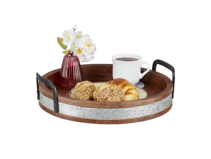 Relaxdays Serviertablett Braun Mangoholz 35 cm, Holz, Metall, 36x9x35 cm, Geschirr, Tischkultur & Serviergeschirr, Tabletts