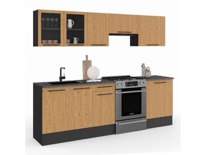 IDMarket - Cuisine complète 240 cm Subtil avec vitrine + Plan de Travail 7 éléments Noir et façon hêtre