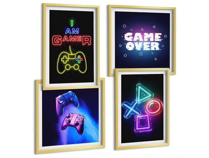 BILDER SET 4er Set - 50x50 cm & 40x60 cm Goldrahmen - Gamepads, Spielersymbol-Untertitel