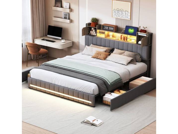 Lit double coffre LUMINARIX Luminarix 160x200 cm Gris avec éclairage LED et ports USB Type-C