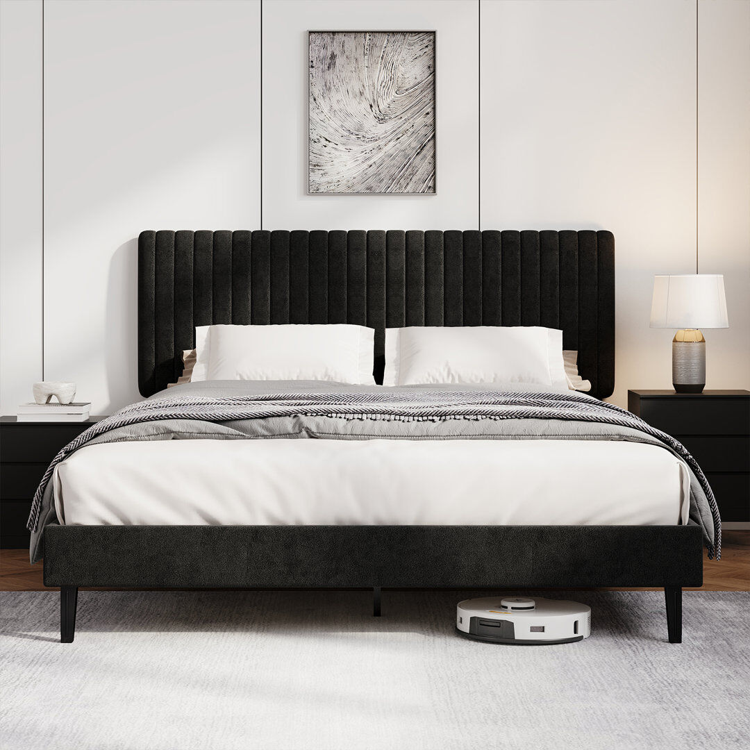 17 Stories Upholstered Velvet Bed Black 150x200
