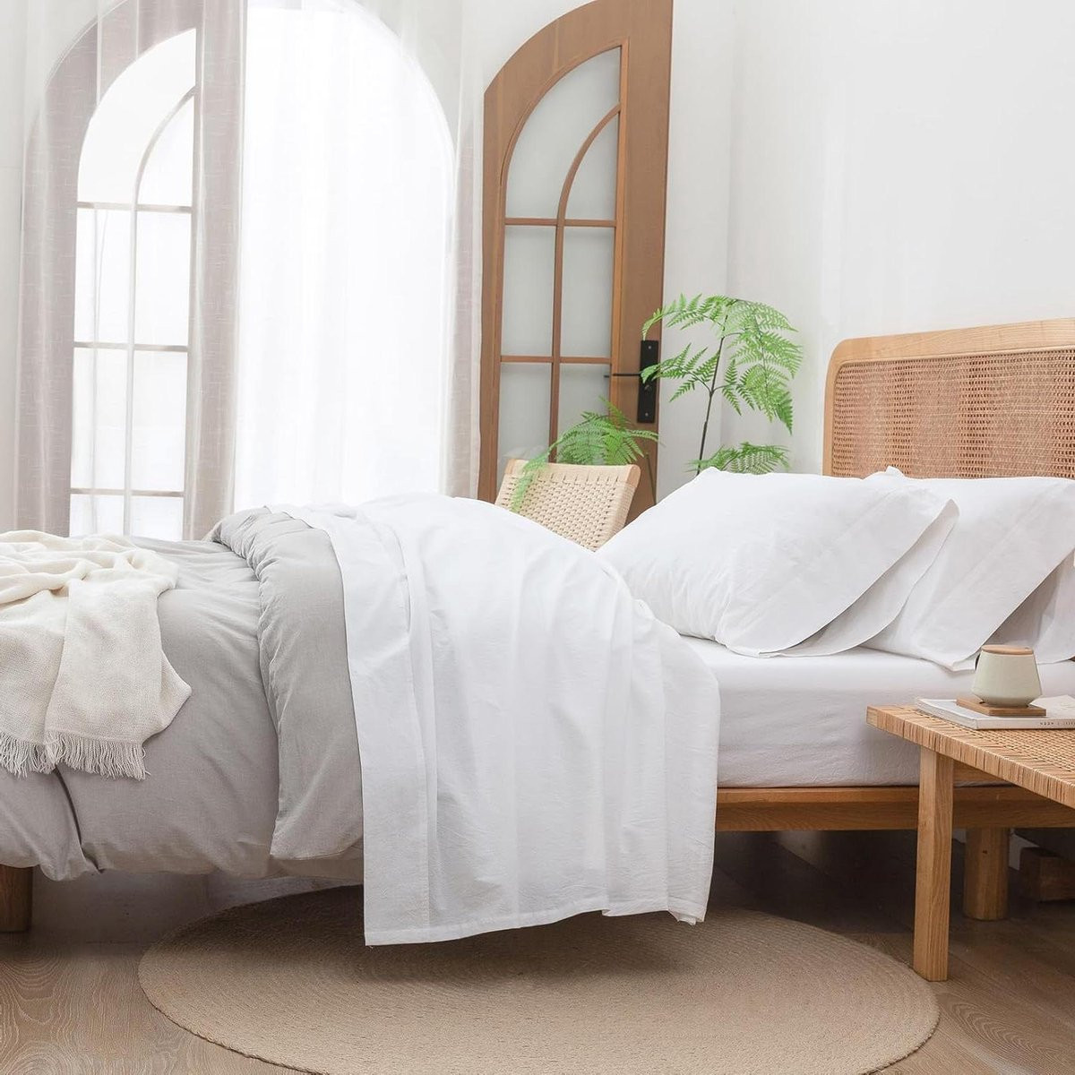 4-delige katoenen lakenset Queen Size - Helder wit