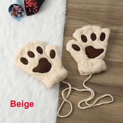 Inspired Finds Cute Cat Claw Winter Half Finger Gloves Thick Fluffy Bear Paw Plush Fingerless Mittens For Women And Girls beige