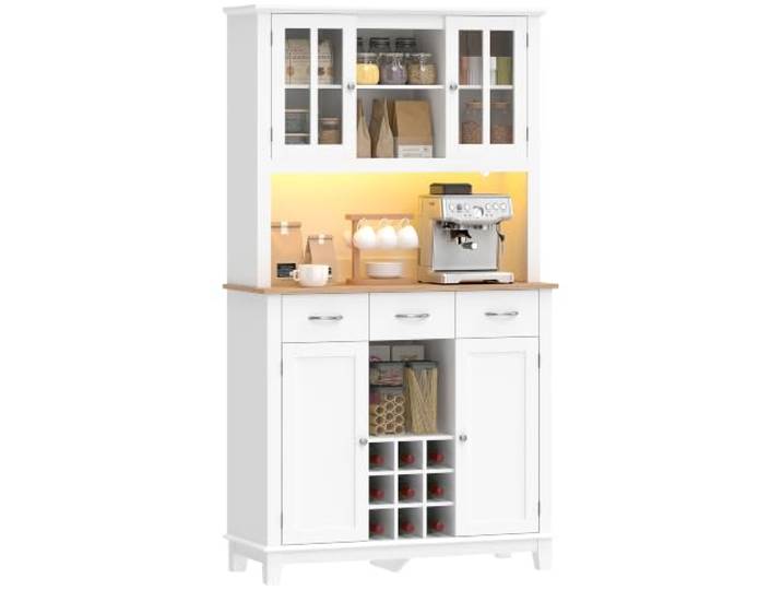 HOMCOM Küchenbuffet mit LED App-Steuerung 4-türig 100x39.5x180 cm Weiß Aufbewahrungsschrank, Geschirrschrank mit 3 Schubladen, Flaschenregal, Arbeitsplatte, verstellbare Regale, Küche.