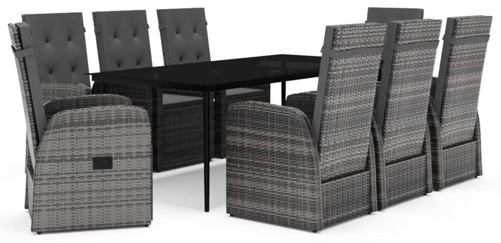 Gartenmöbel-Set, 9-teilig - Grau, mit Kissen - Aus PE-Rattan - Verstellbare Stühle