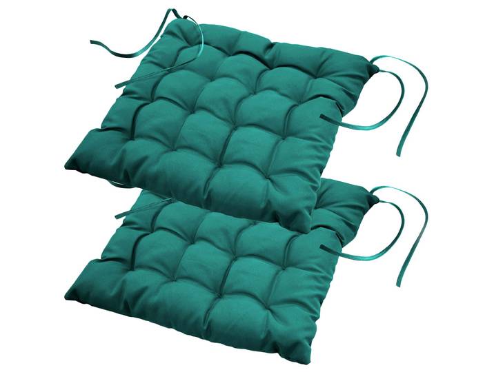 Stuhlkissen gesteppt Polyester, 2er-Set Sitzkissen mit Bändchen, smaragdgrün, 40 x 40 cm