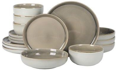 Gibson Elite Sunveil 16 Piece (Service for 4) Reactive Glaze Round Dishes Stoneware Ceramic Dinnerware Set -Taupe