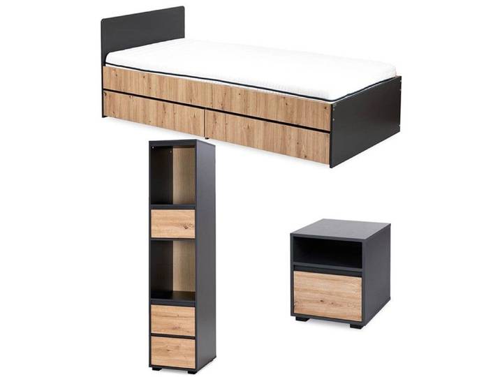 DALIA Chambre enfant adolescent avec lit chevet Etagère Anthracite/Chêne