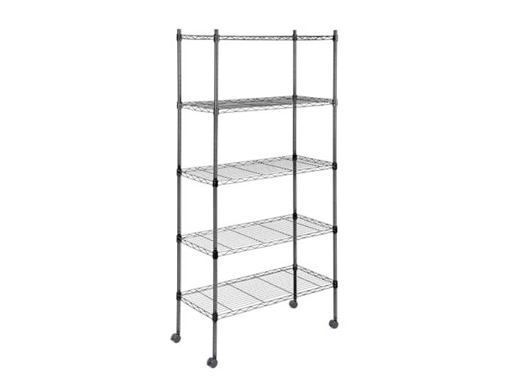 Simple Deluxe 5-stöckiges Lagerregal, 61 x 35 x 150 cm (B x T x H), Drahtregal mit Rollen und Nivellierfüßen, Schwarz